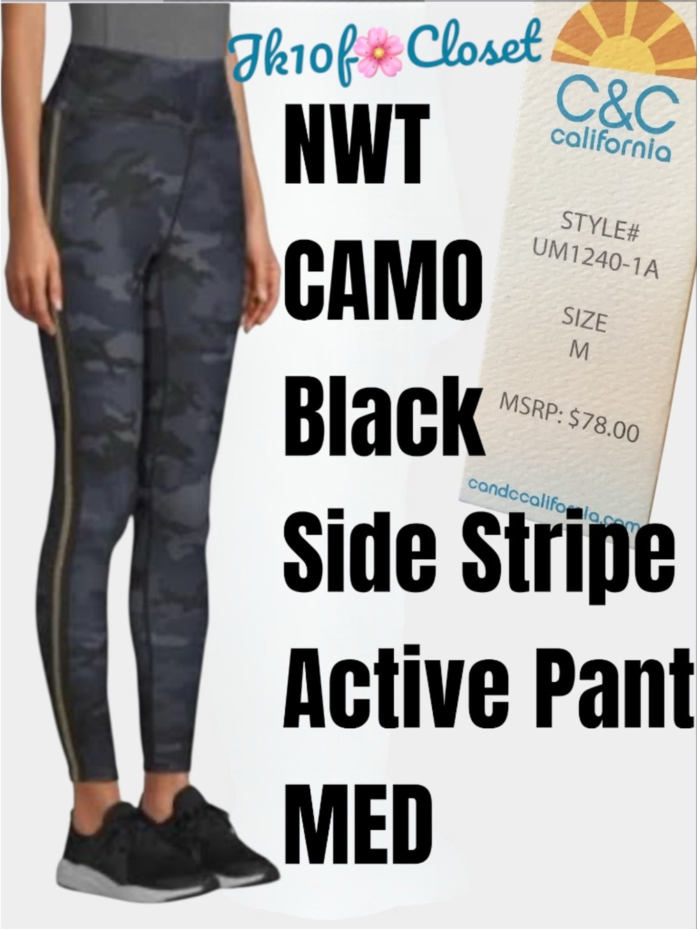 LOWEST 🌺NWT C&C California MED CAMO WICKING w/ BLACK SIDE STRIPE ACTIVE PANTS